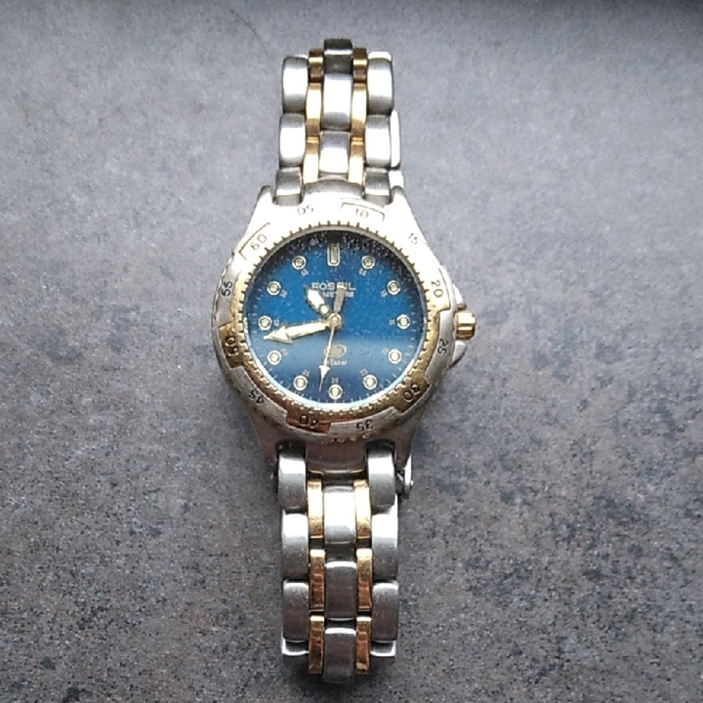Fossil Blue Dial Watch with Gold and Silver Stainless Steel Band